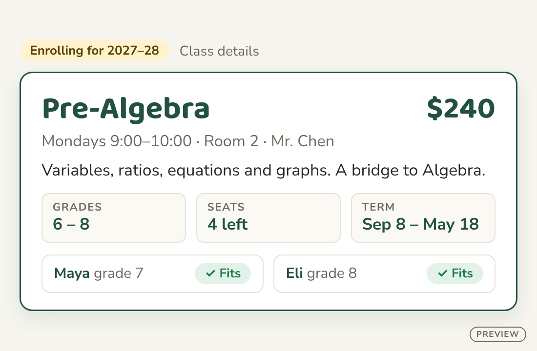 A class card for Pre-Algebra showing its price, grades, seats left and term, with a check that it fits each of the family's children.