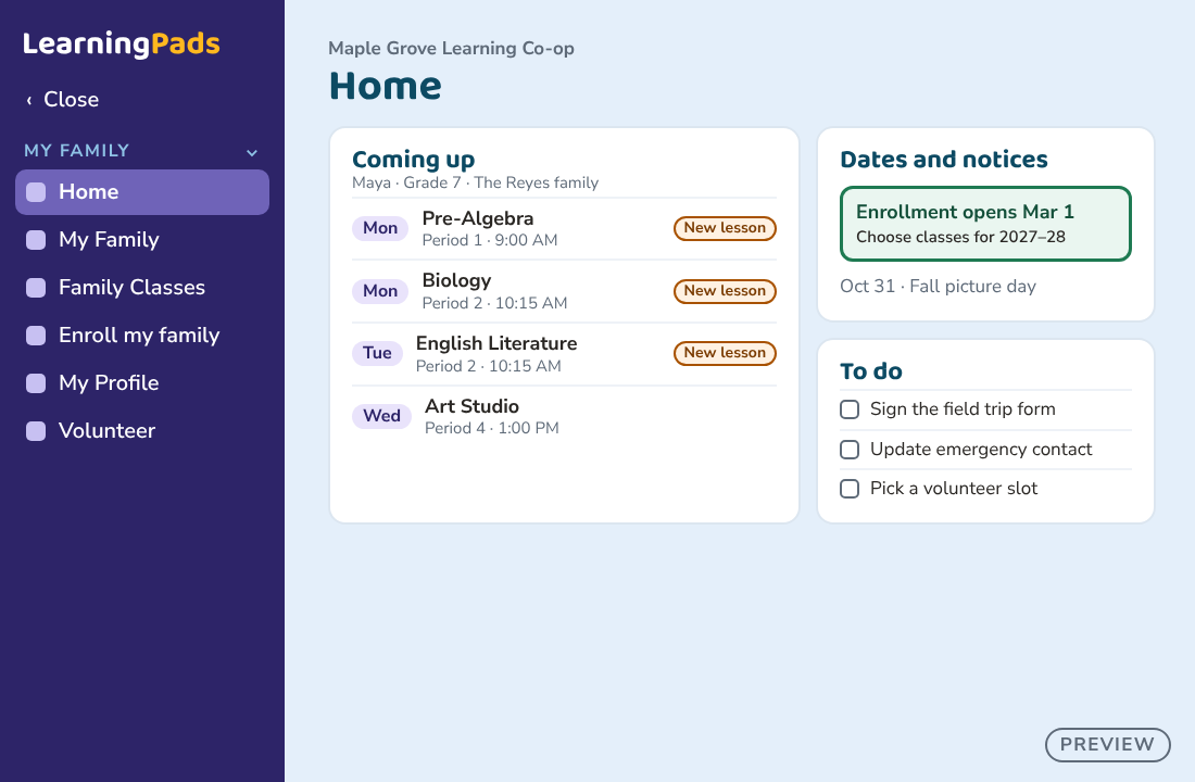A family's home screen with each child's classes this week, dates and notices, and a to-do list.